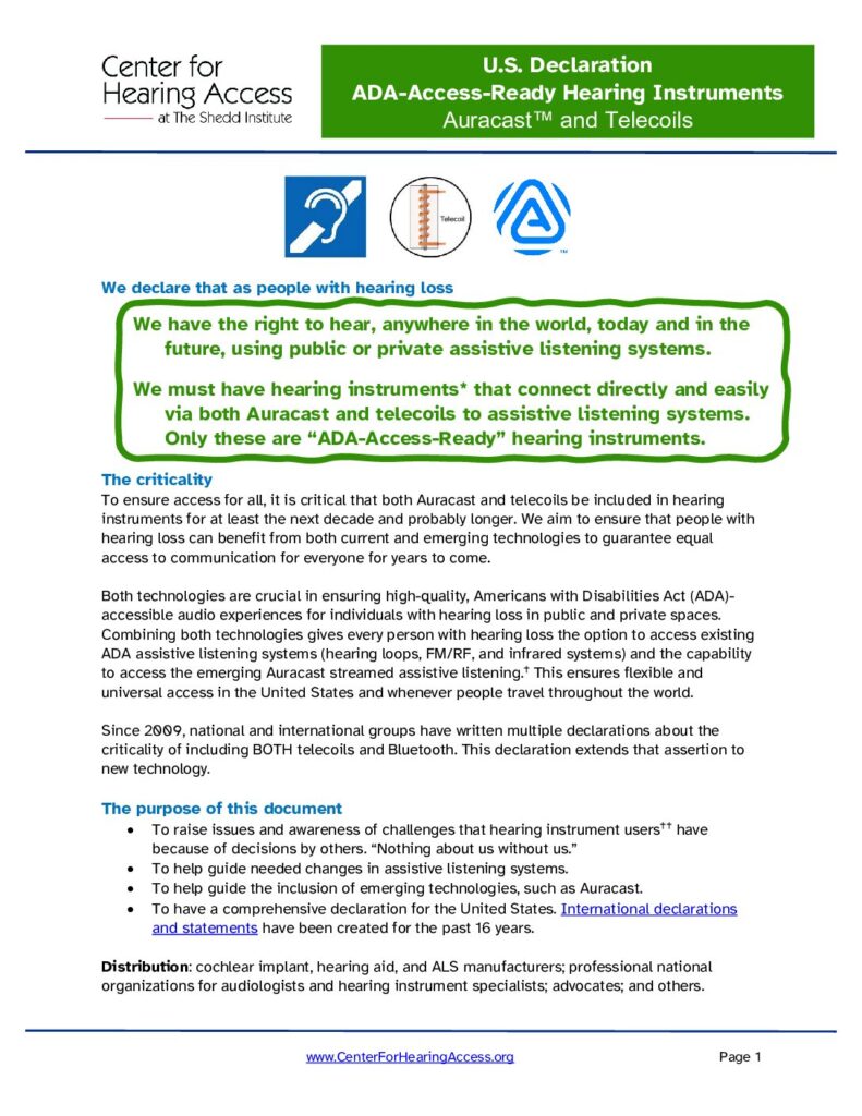 2024 U.S. Declaration, ADA-Access-Ready Hearing Instruments: Auracast™ and Telecoils